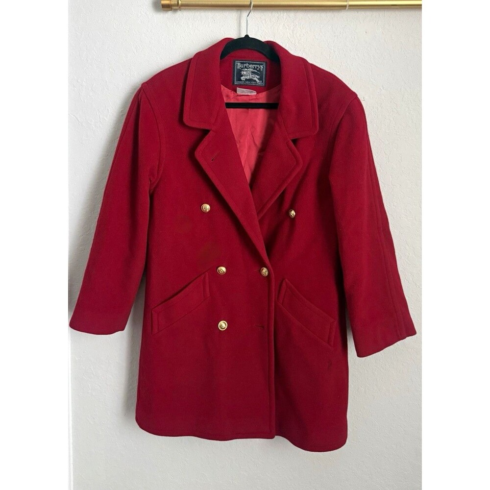 Burberrys Womens Red Double Breasted Pea Coat Gold Buttons Pockets 3/4